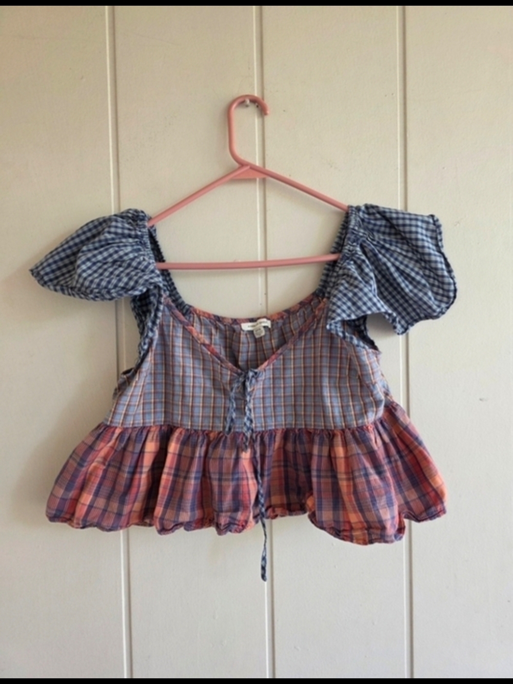 American Eagle Crop Top Small Plaid Patchwork Peplum Boho Festival